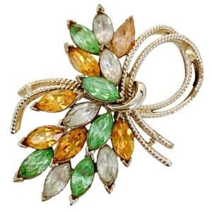 Vintage Mid Century Uranium Glass Rhinestone Ribbon Spray Floral Brooch Pin